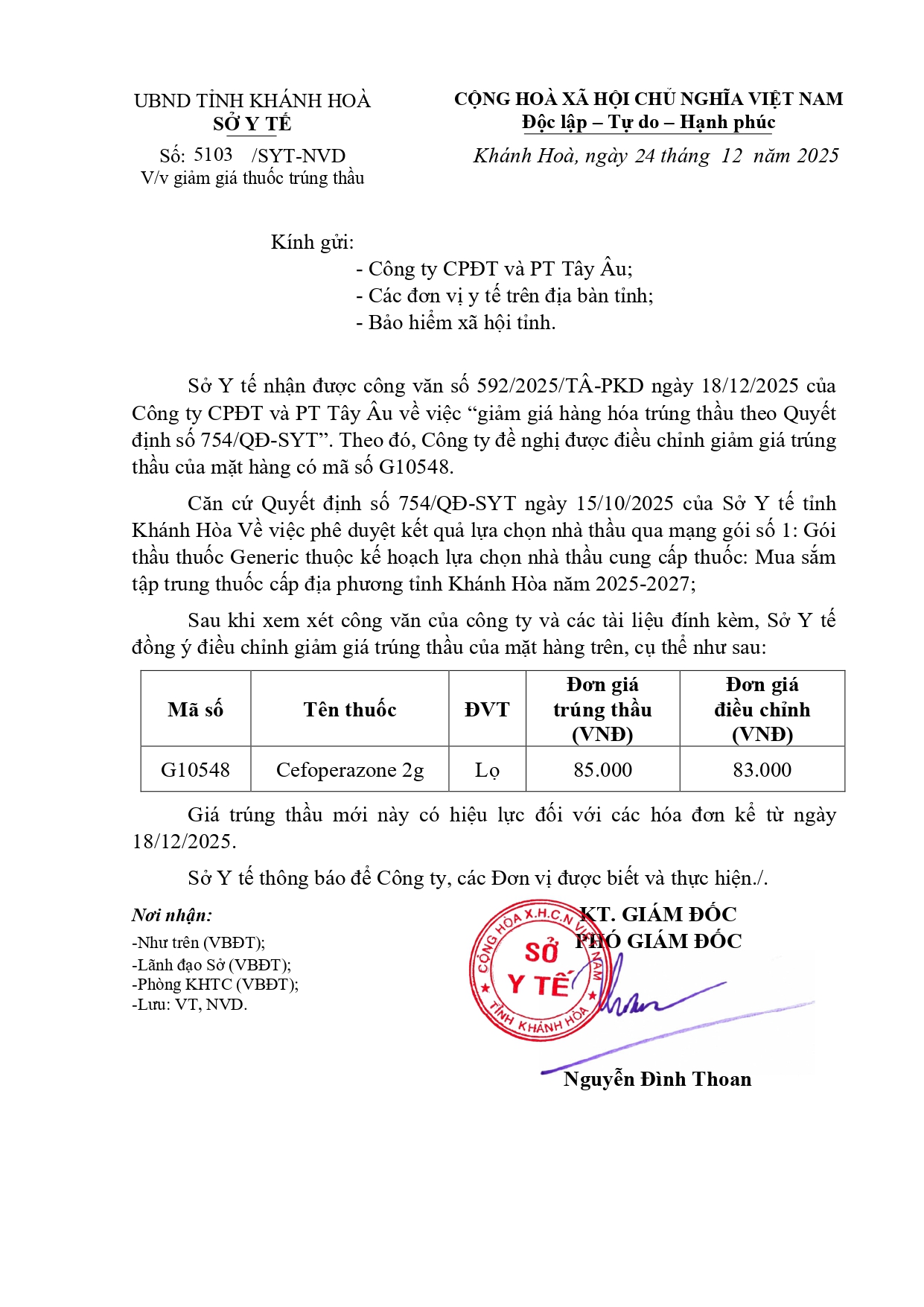 V/v giảm giá thuốc trúng thầu